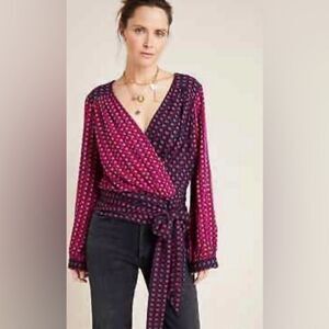 Anthropologie Pink and Navy Wrap Blouse